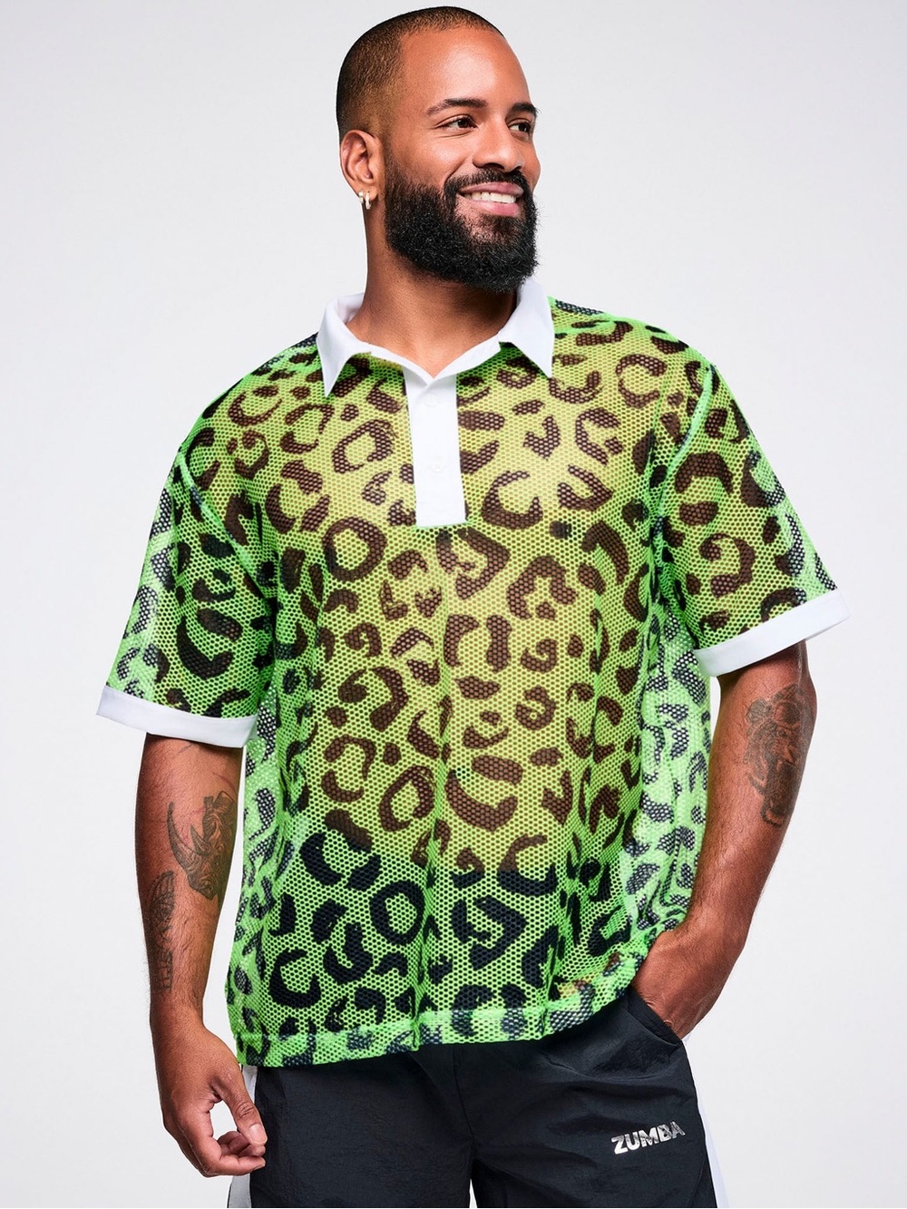 Zumba Fitness Neon Green Leopard Mesh Polo with White Trim